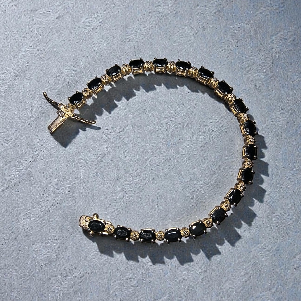 Vintage Midnight Blue Sapphire And Gold Over Sterling Silver Tennis Bracelet
